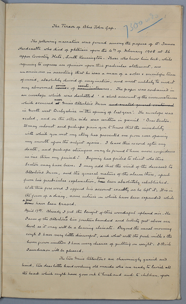 page 1 of the manuscript of "The Terror of Blue John Gap"