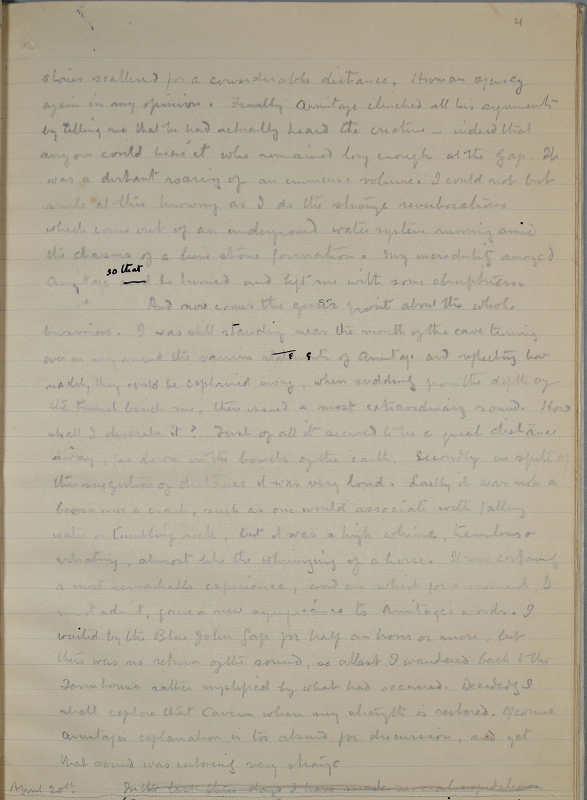 page 4 of the manuscript of "The Terror of Blue John Gap"