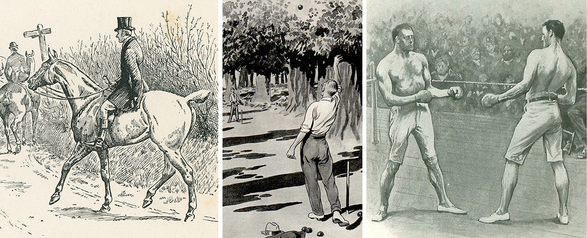 illustrations from "The King of the Foxes" (a rider on horseback), "The Story of Spedegue's Dropper" (a cricket bowler), and "The Croxley Master" (two people boxing) 