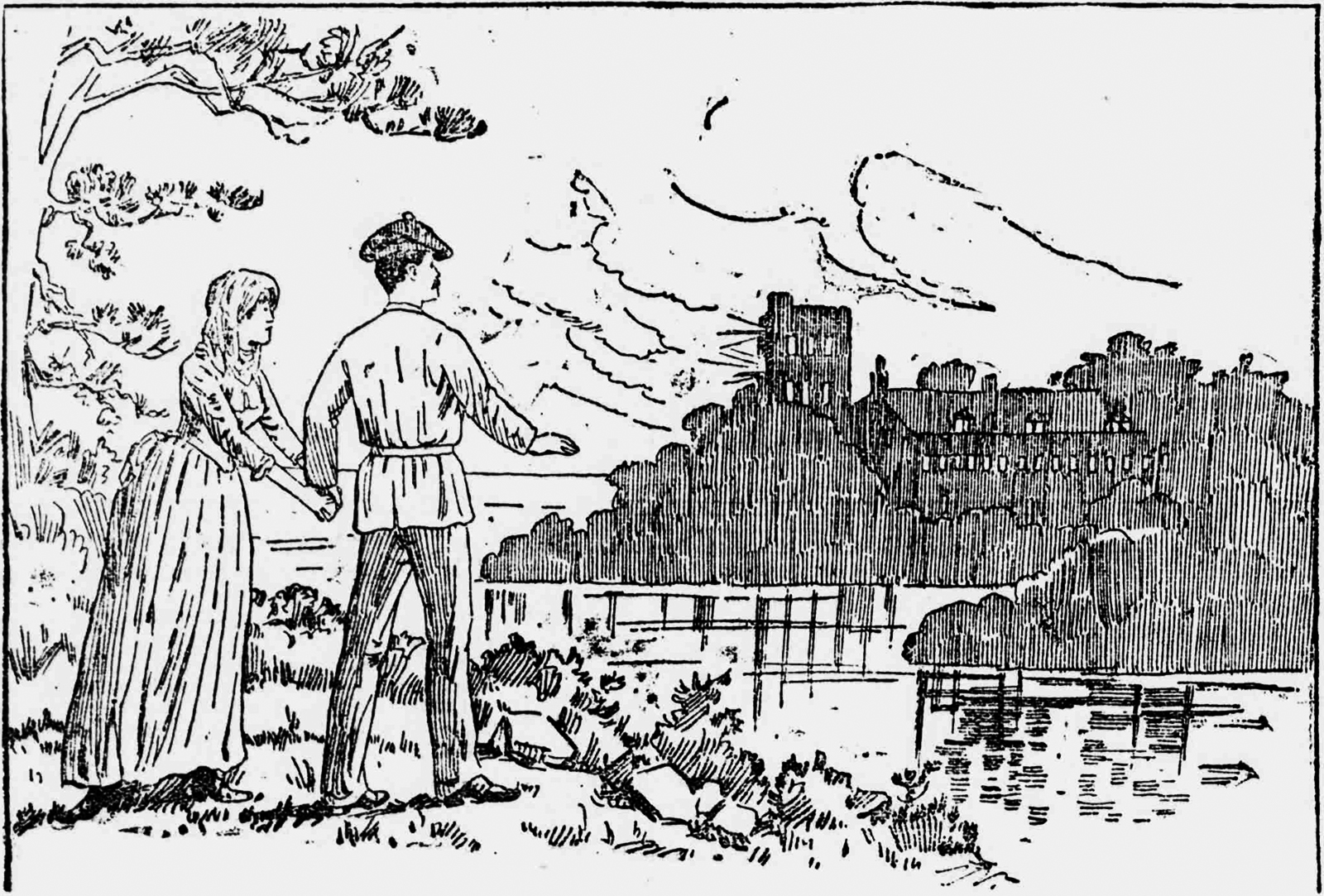 illustration from Doyle's story, The Mystery of Cloomber, showing two people looking at a building with a caption quote that says "Cloomber lay beneath us in a blaze of light"